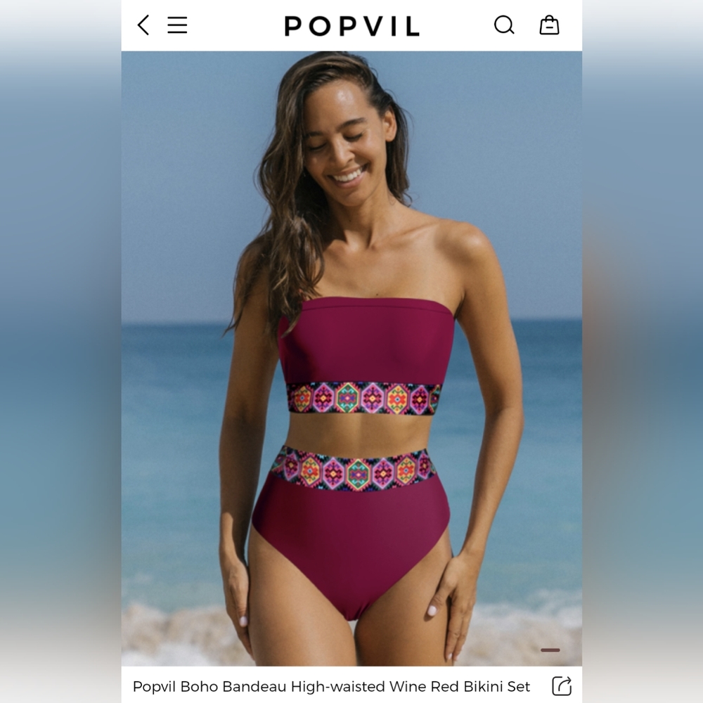 Boho Bandeau High-waisted Wine Red Bikini Swimsuit Strapless